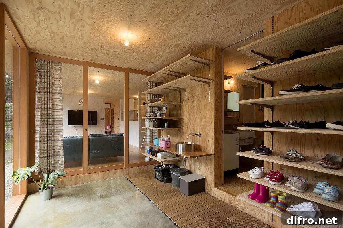 Open wooden entry shelves