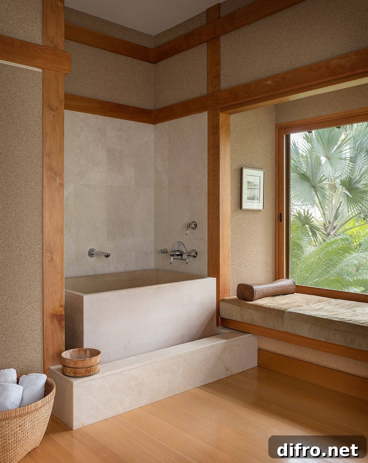 Asian-style bathroom with a smart soaking tub in the corner