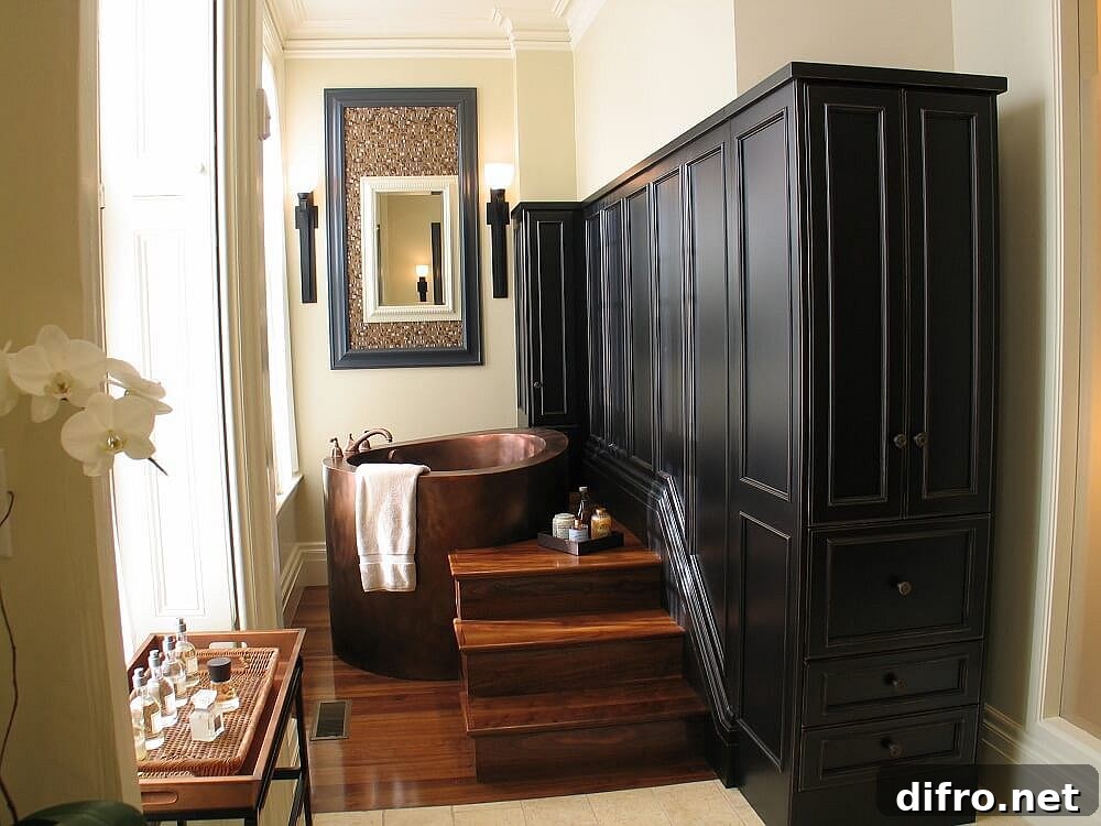 Wood cabinet and steps with space-savvy soaking tub