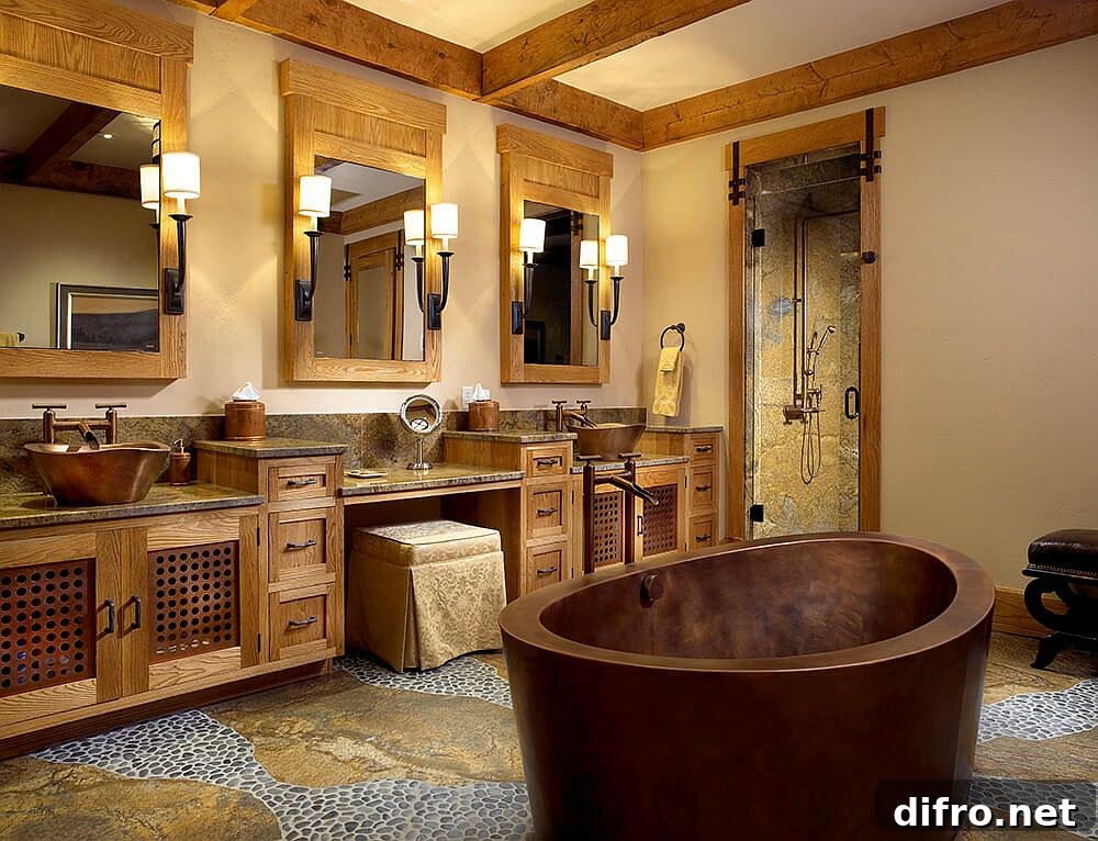 Copper soaking tub ideal for cabin-style bathrooms