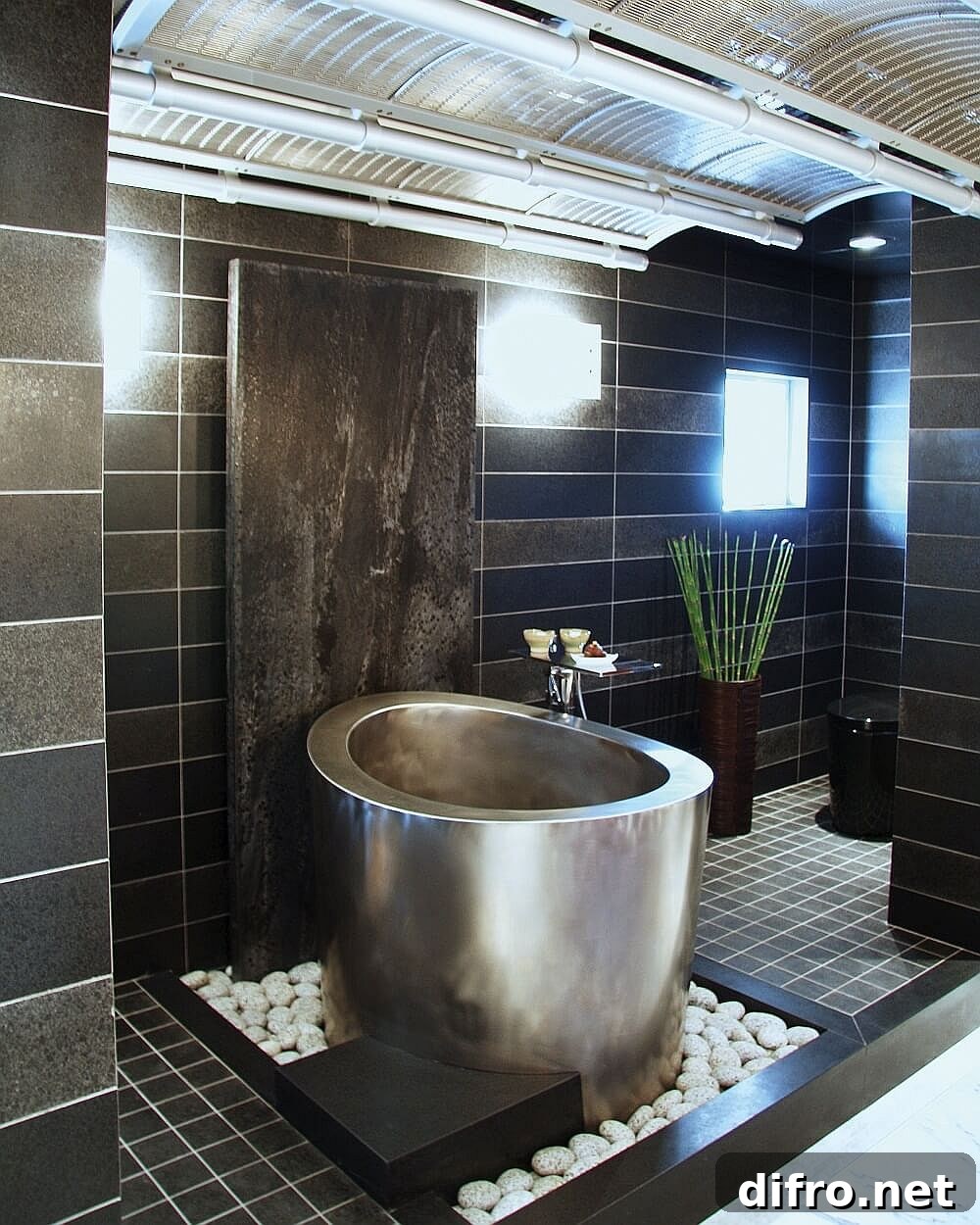 Stainless steel Japanese soaking tub in modern spa bathroom
