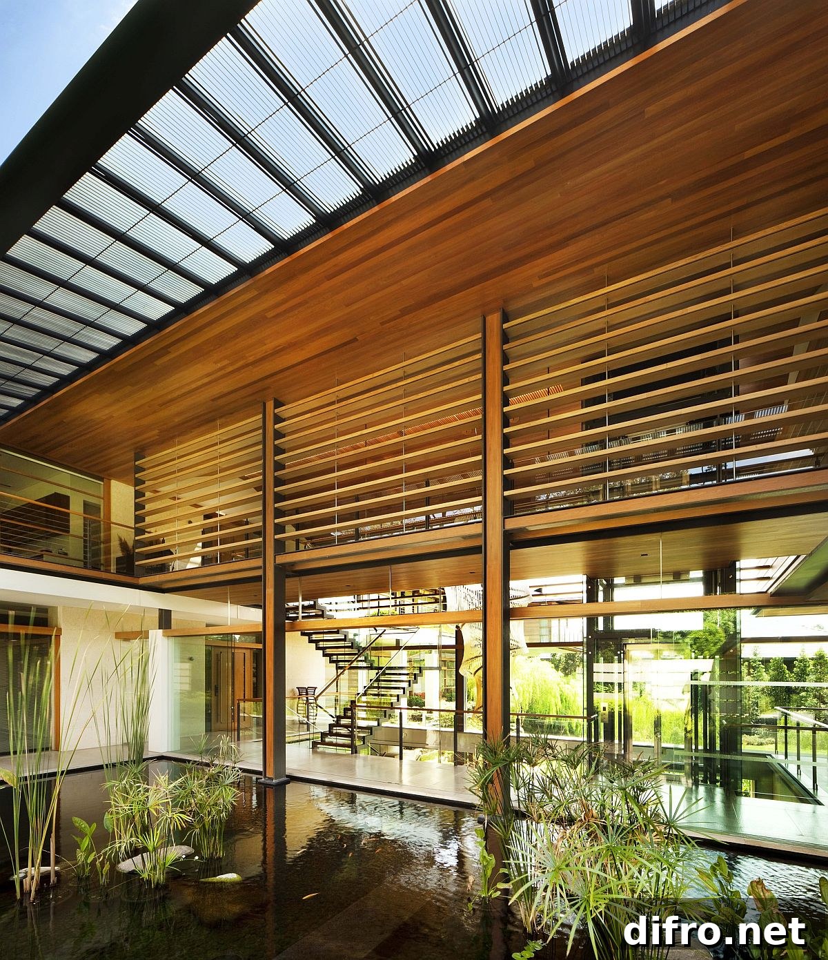 Courtyards and ponds combine nature with modernity inside the home