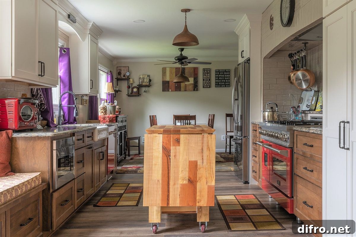 Custom wooden island on wheels in a modern eclectic kitchen