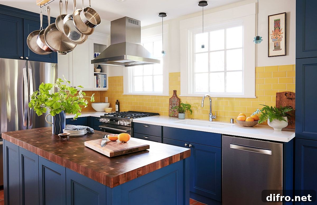 Bright blue and yellow eclectic kitchen with central island