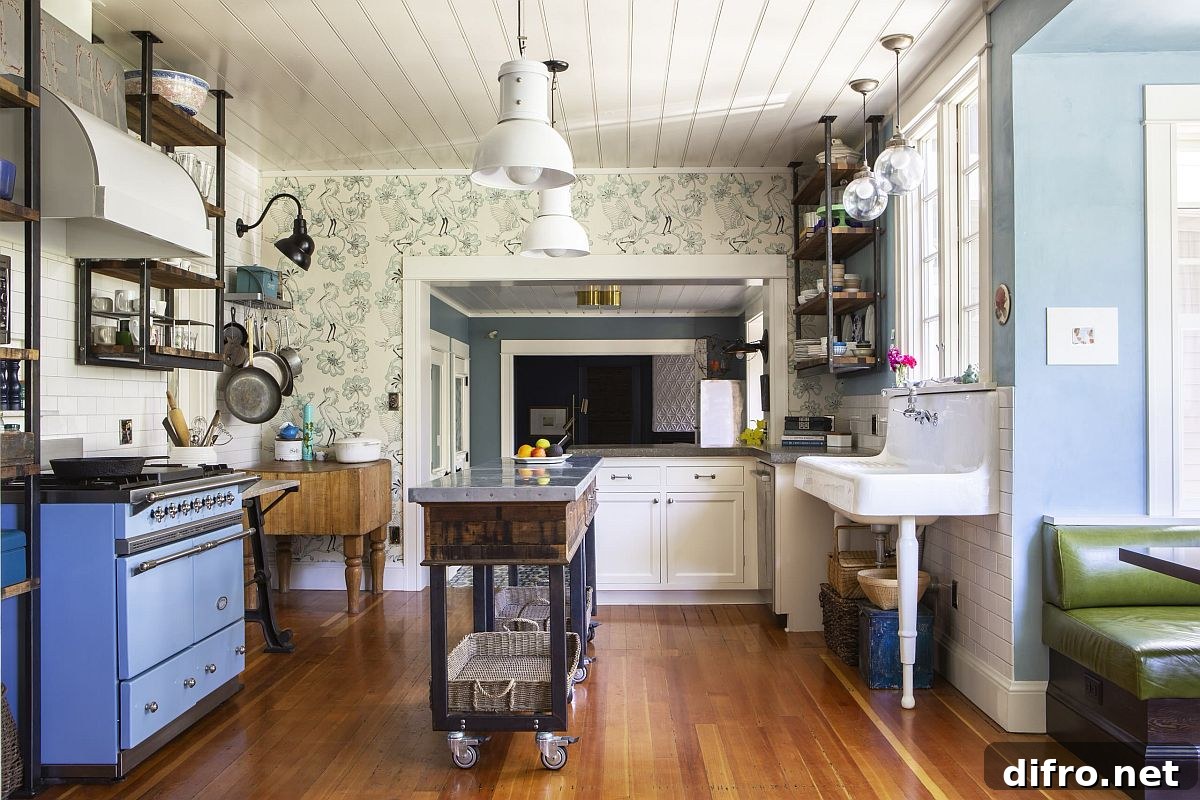 Cart-style open island on wheels for a small eclectic kitchen