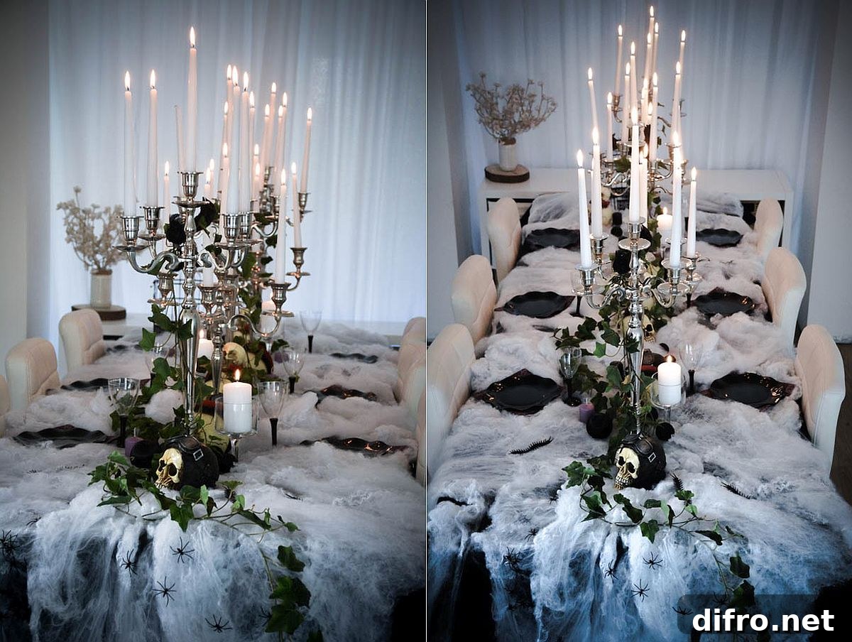 Halloween dining table with cobwebs, skulls and spiders