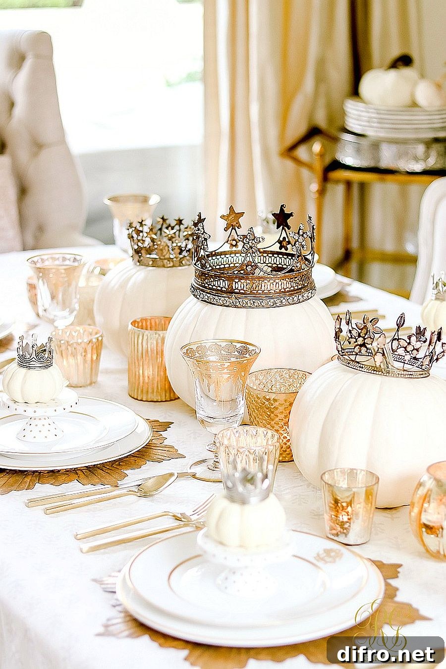 White and gold Halloween tablescape