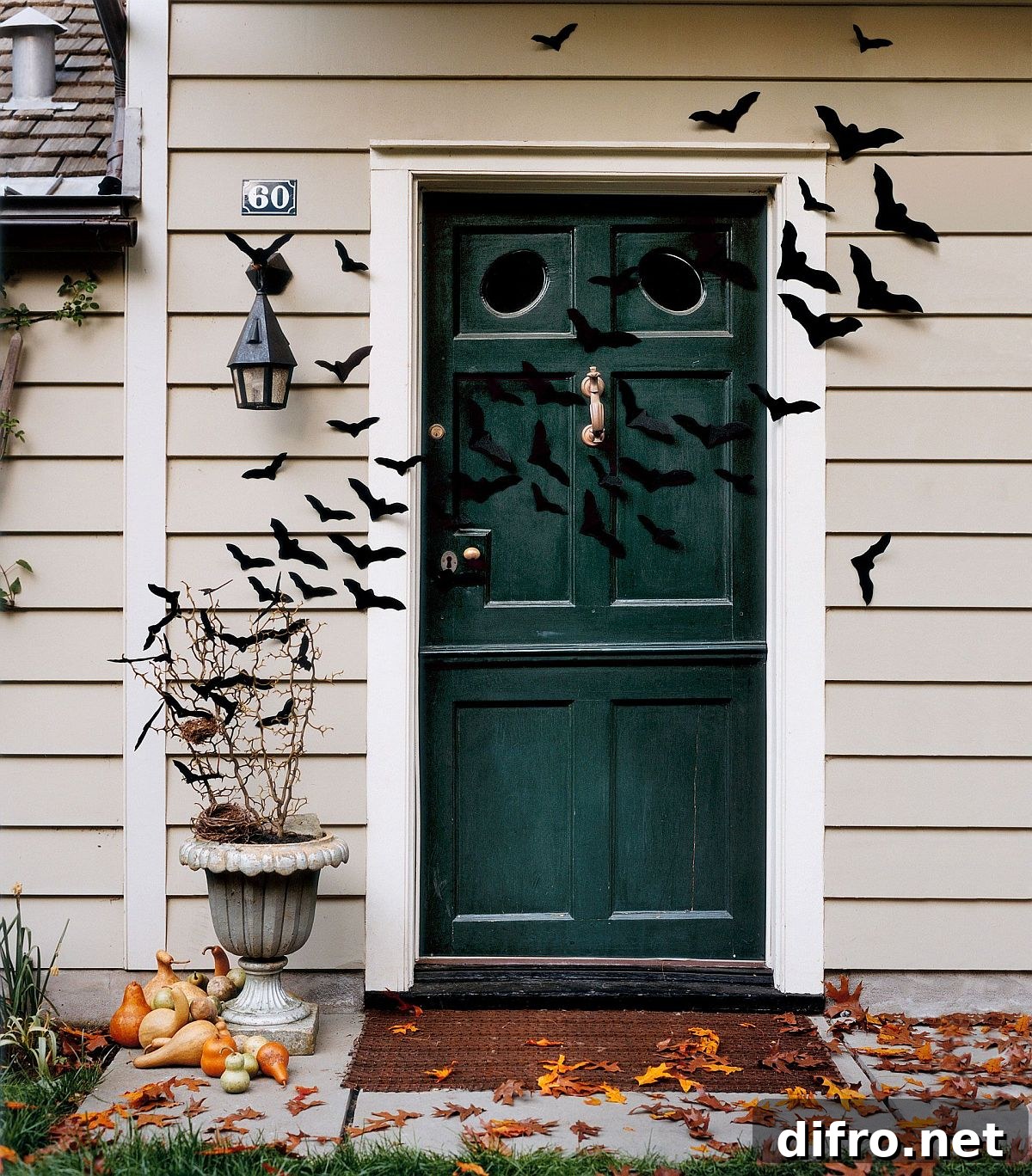 Front door Halloween decorating with bats
