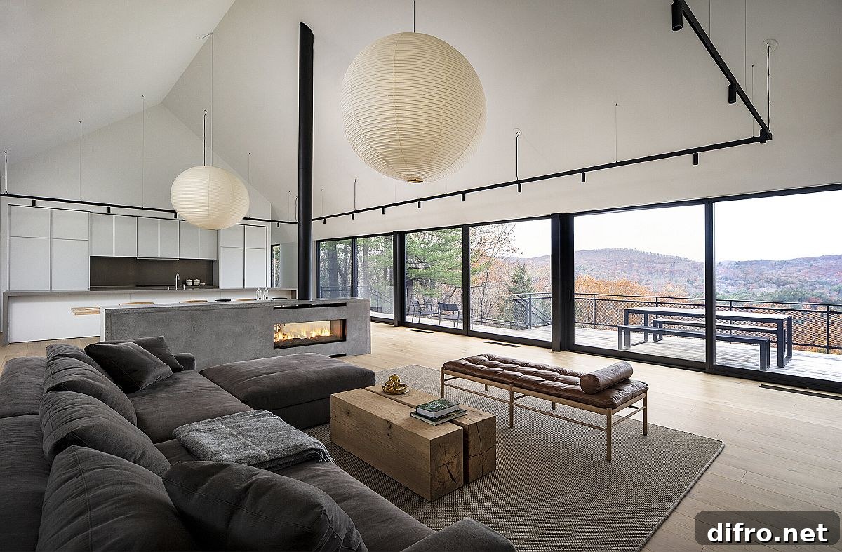 Open plan living area, kitchen and dining space with outdoor views
