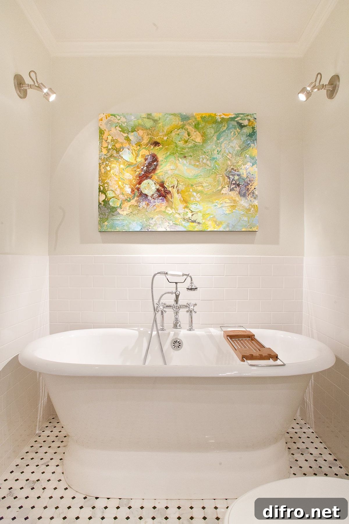 Creative use of lighting and wall art in a small modern bathroom