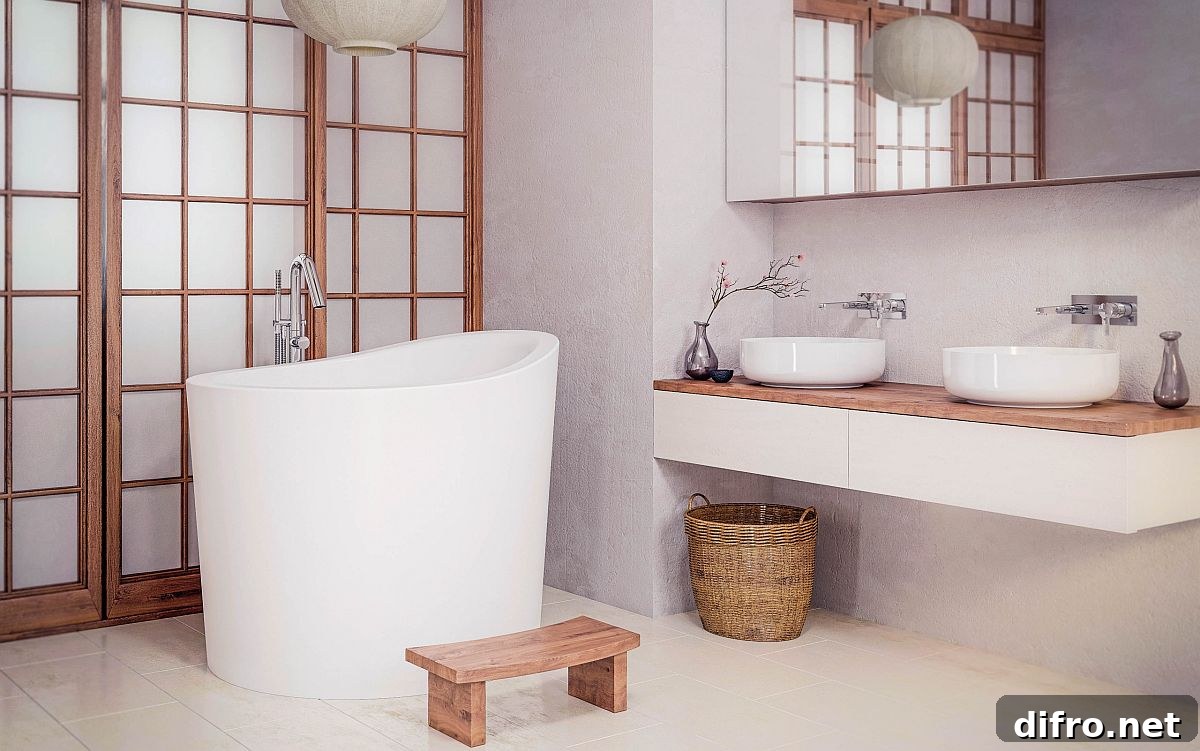 Deep Asian-style soaking tub in white