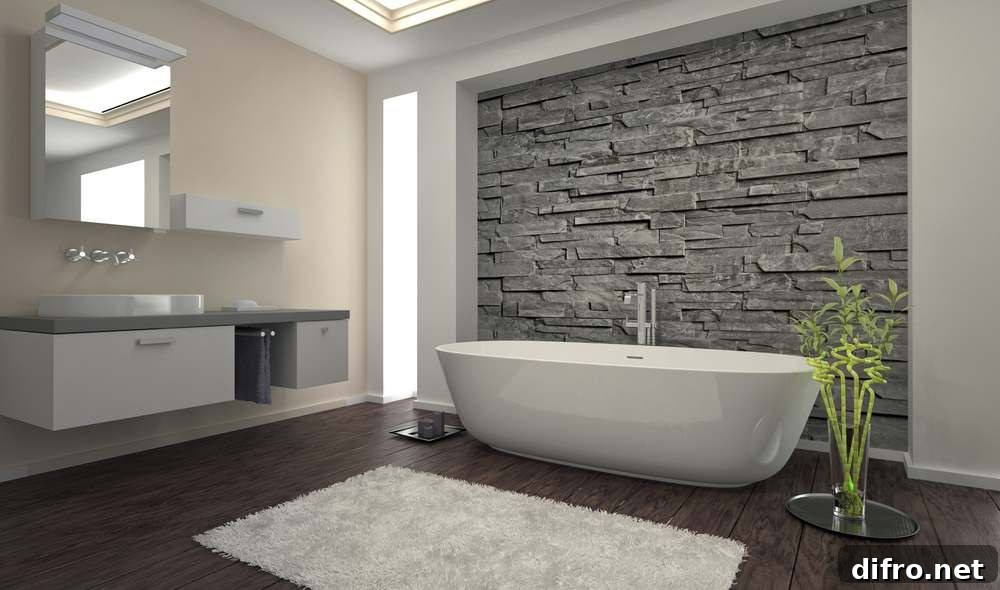 Natural stone accent wall in a contemporary bathroom