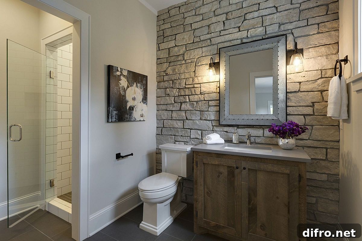 Stone wall in a modern farmhouse bathroom