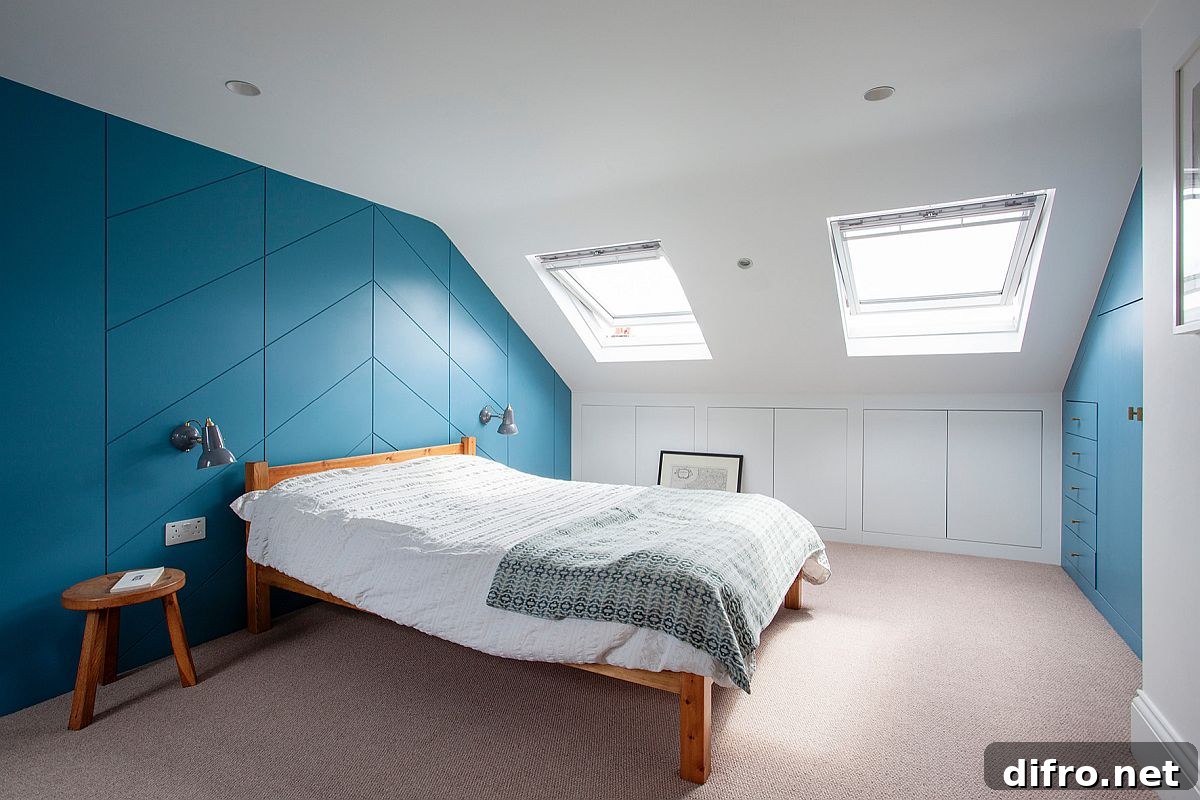 Modern loft bedroom in white with blue cabinets and accent wall