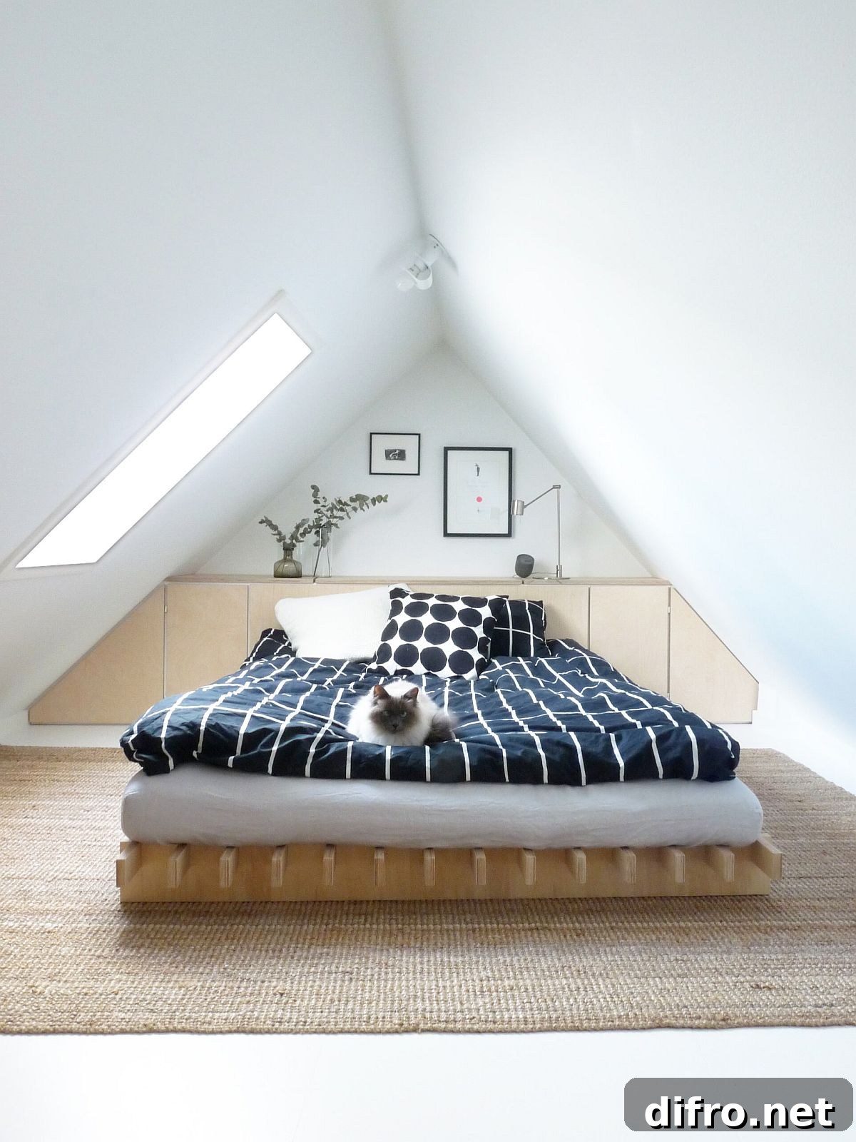 Colorful bedding in a small white bedroom