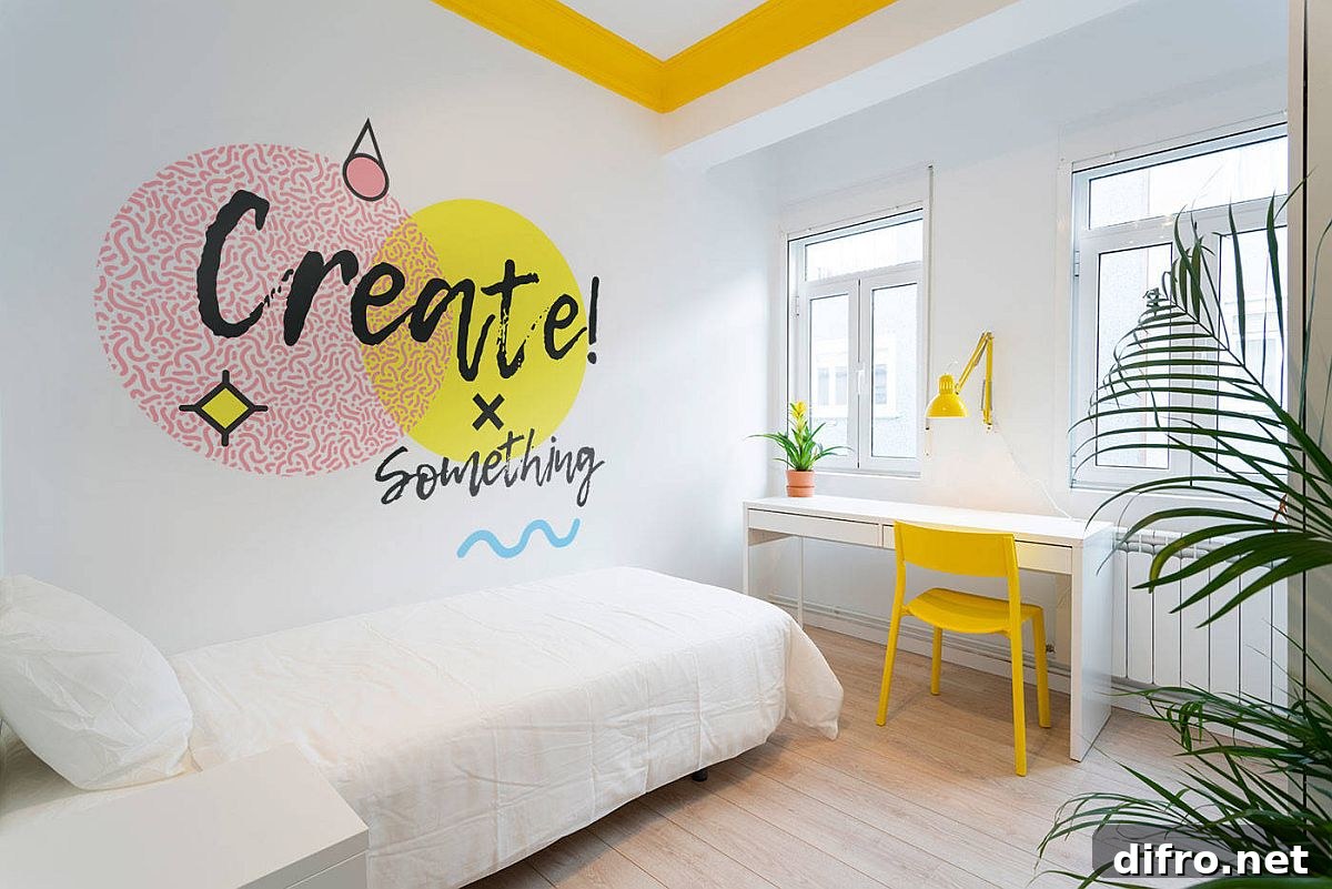 Yellow and orange accents in a white bedroom