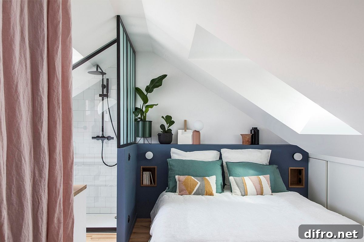 Smart color blocks providing contrast in a tiny white bedroom