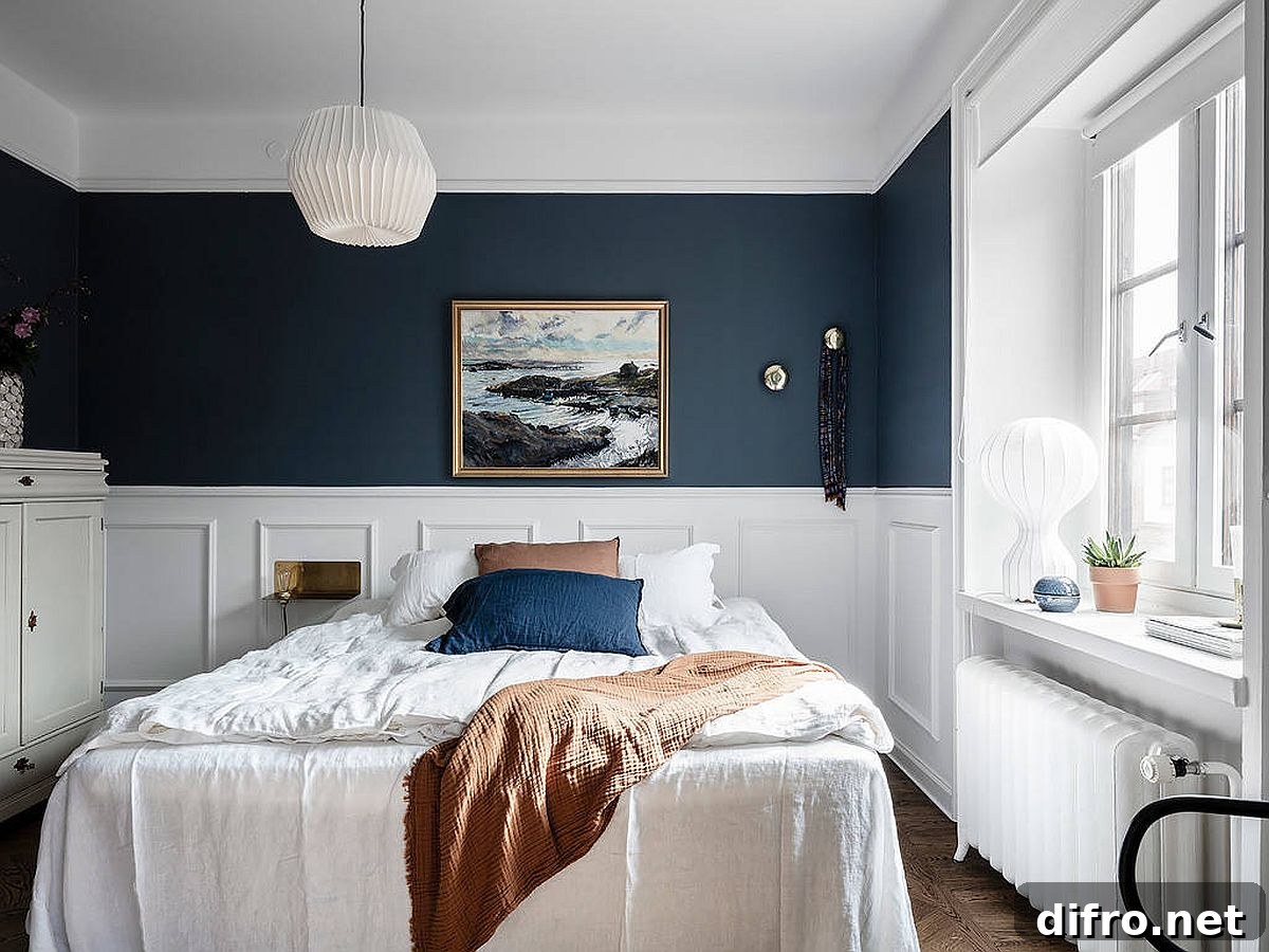 Deep blue and white modern bedroom