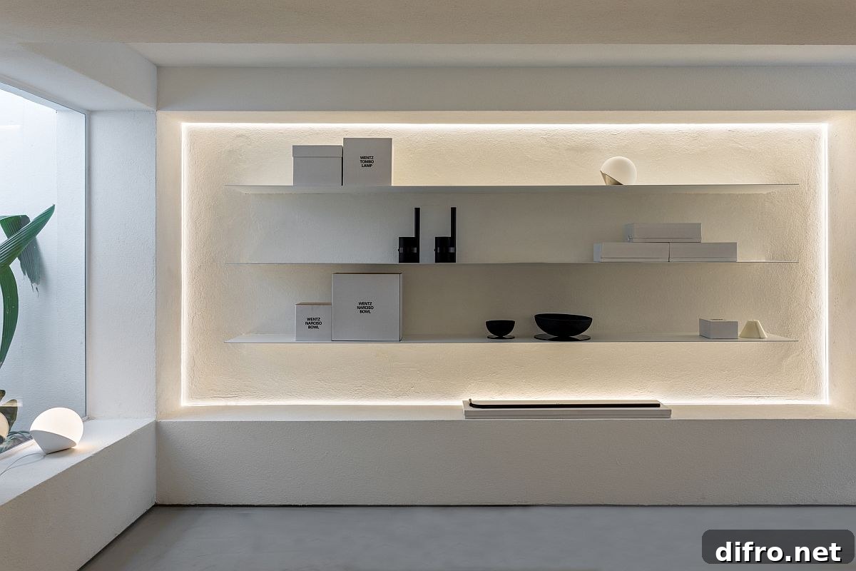 Lighting and white backdrop create a curated store interior