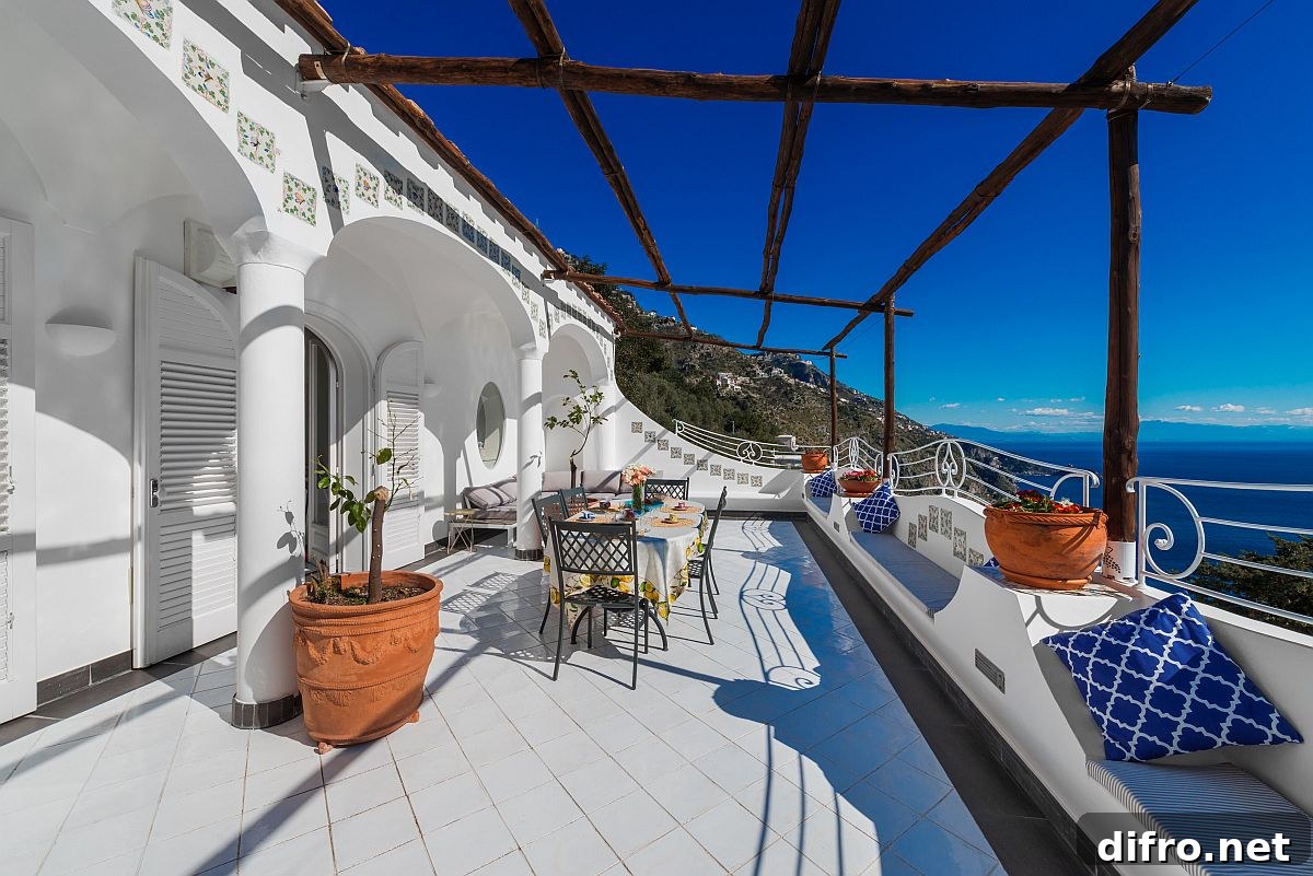 Tuscan-style balcony with outdoor dining area and views