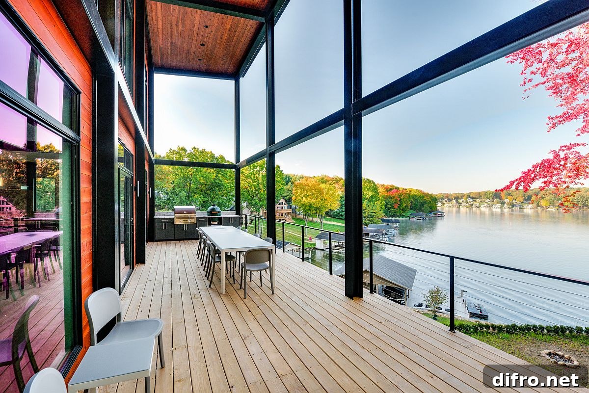 Covered lakeside deck with outdoor kitchen and dining space
