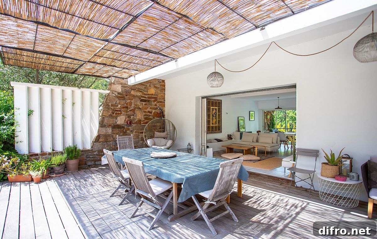 Outdoor dining area shaded for hot months