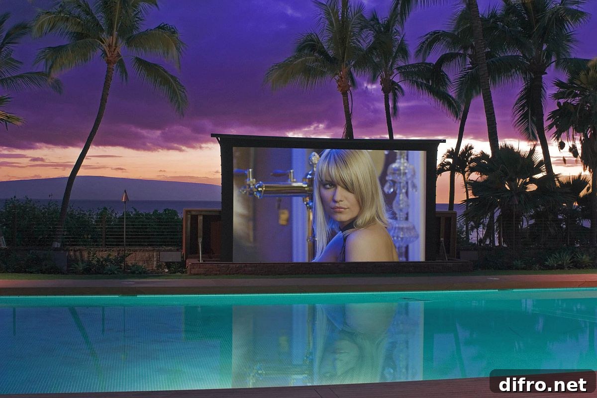 Pool deck transformed into a relaxing home theater
