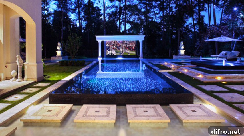 Drop-down screen and surround sound at the pool deck