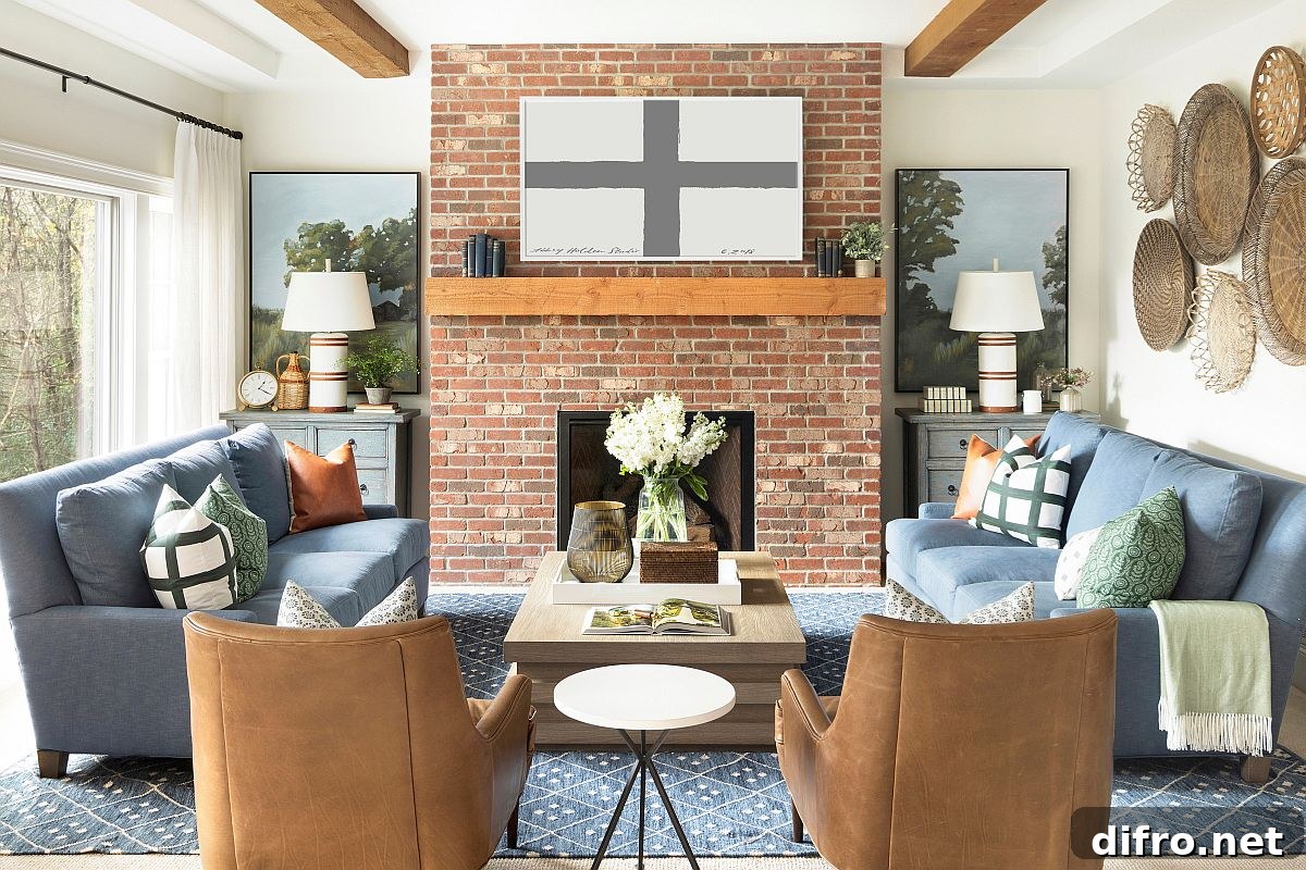 Lovely brick fireplace is the perfect focal point for this small farmhouse style living space