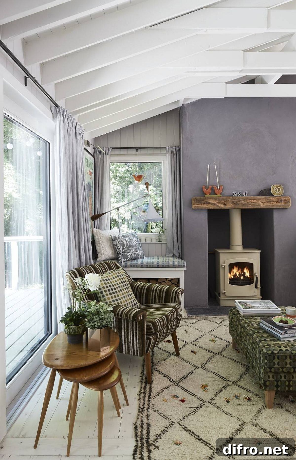 White and gray modern rustic living room is stylish and space-savvy