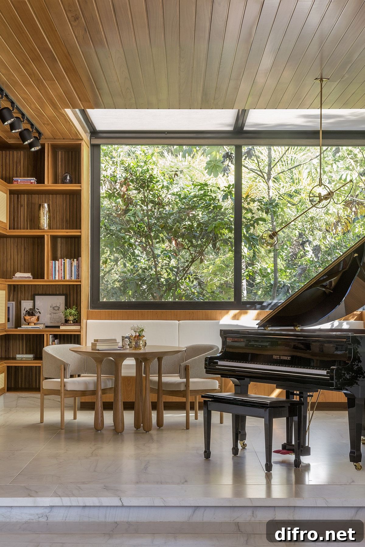 Modern wood and white interior of the house with a multi-level design