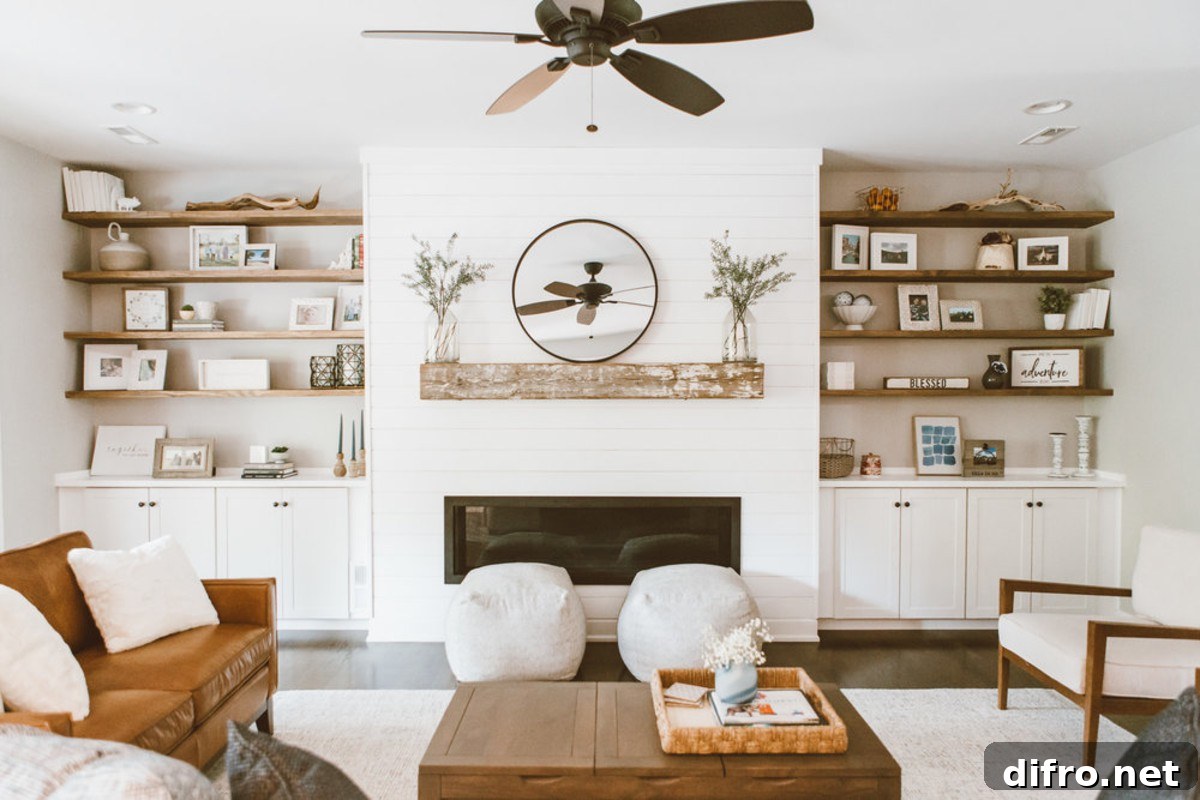white living room with brown furniture and wooden accents 