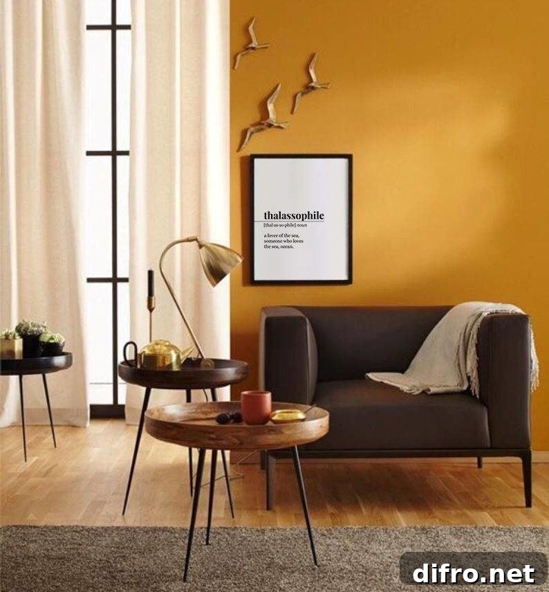 orange living room with brown furniture and wall art