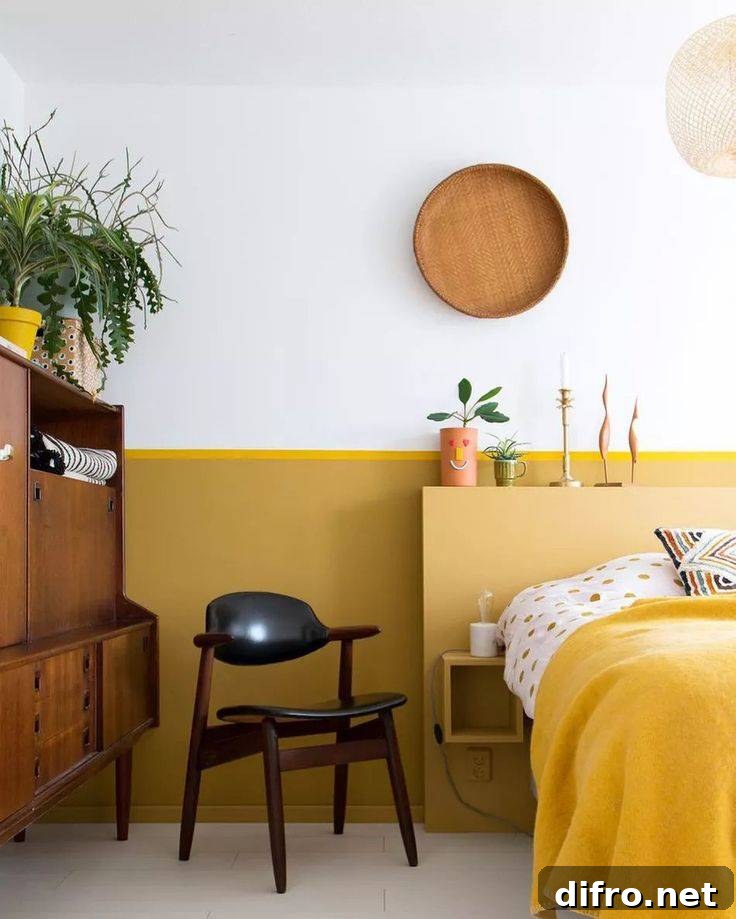 mustard yellow color block bedroom with brown accents