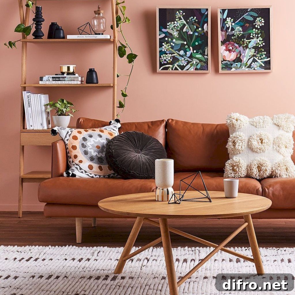 living room with brown accents and peach walls