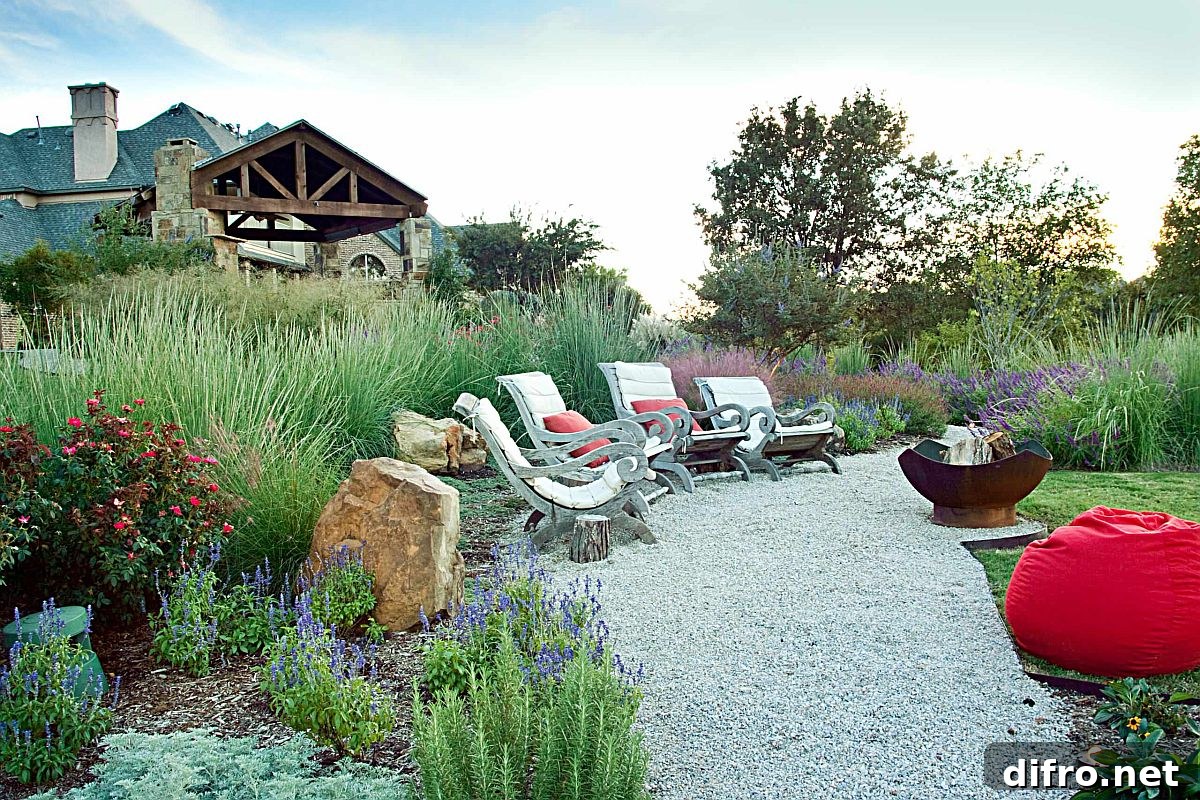 Outdoor cushions add pops of color in a rustic landscape