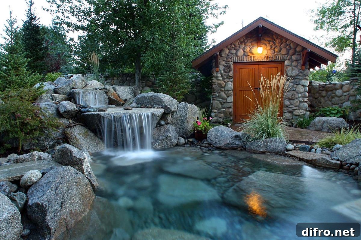 Rustic landscape with stone waterfall and wooden shed