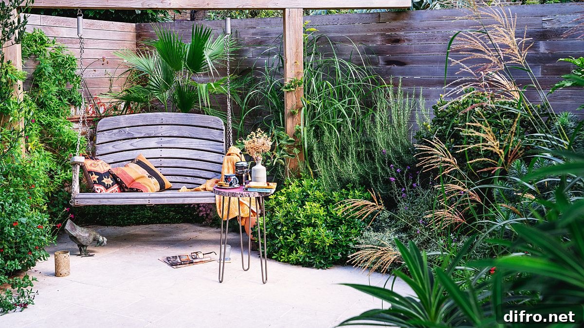 Modern rustic landscape with a swing seat and greenery