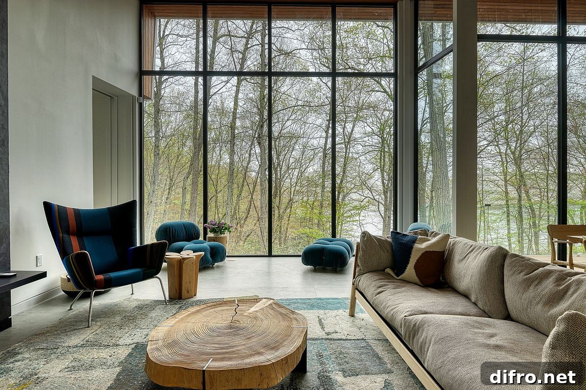 Tranquil contemporary living space with glass walls