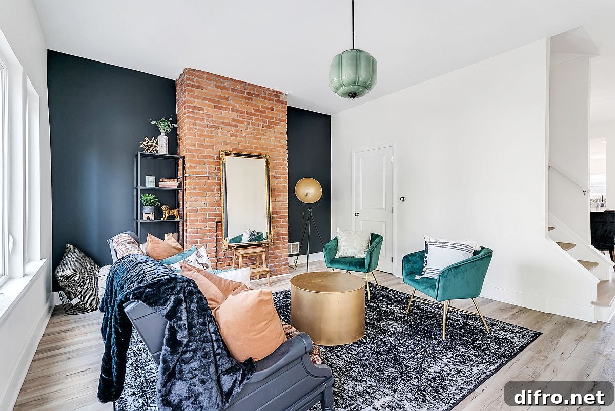Living room with exposed brick focal point