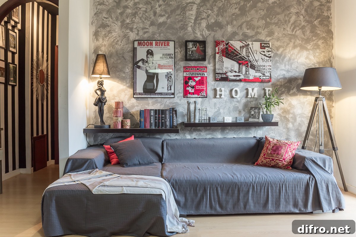 Small eclectic living room with textured wall