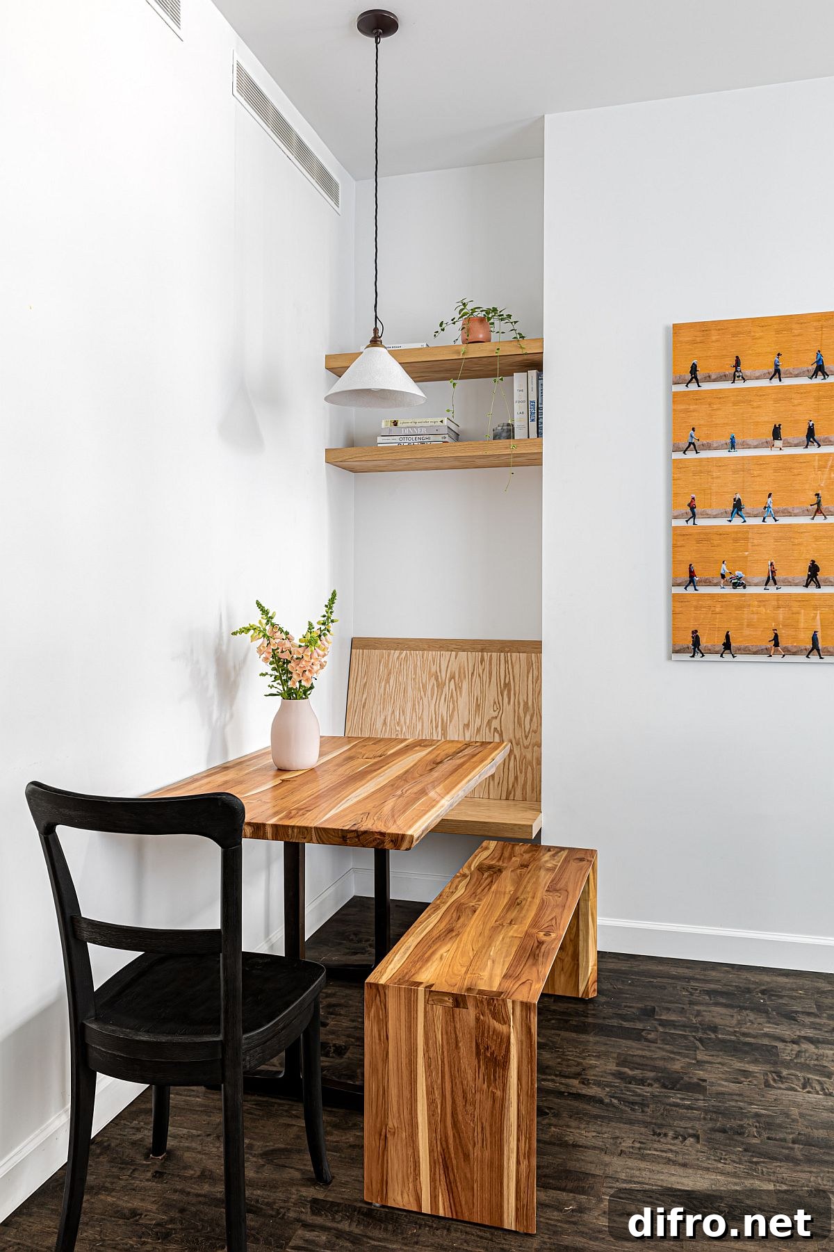 Custom dining space with wooden table and bench