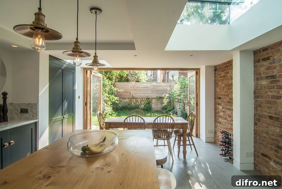 Edison bulb lights bring style and elegance to the dining area with skylight next to it