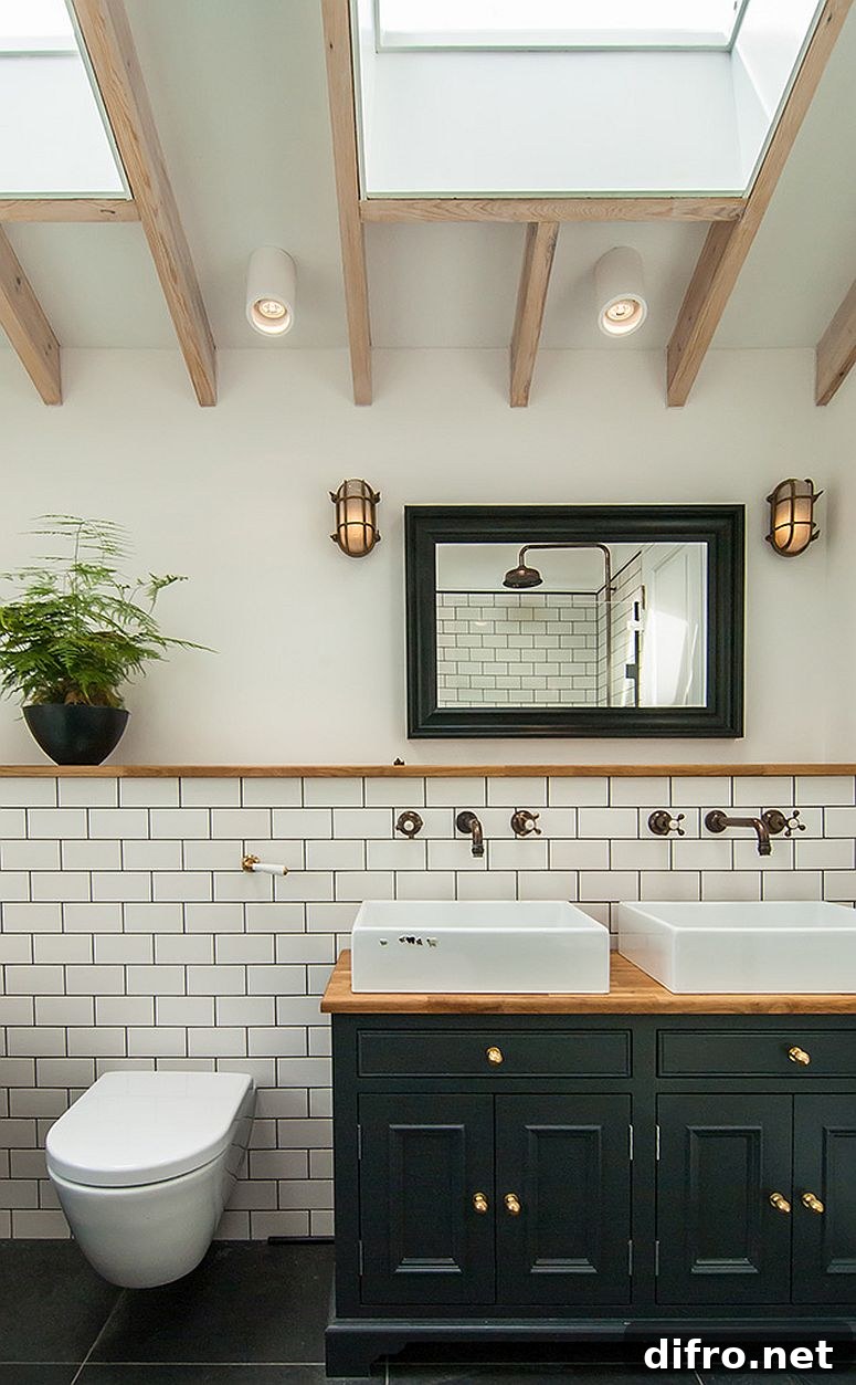 Brass fitting, skylight and custom vanity for the new bathroom inside the London home