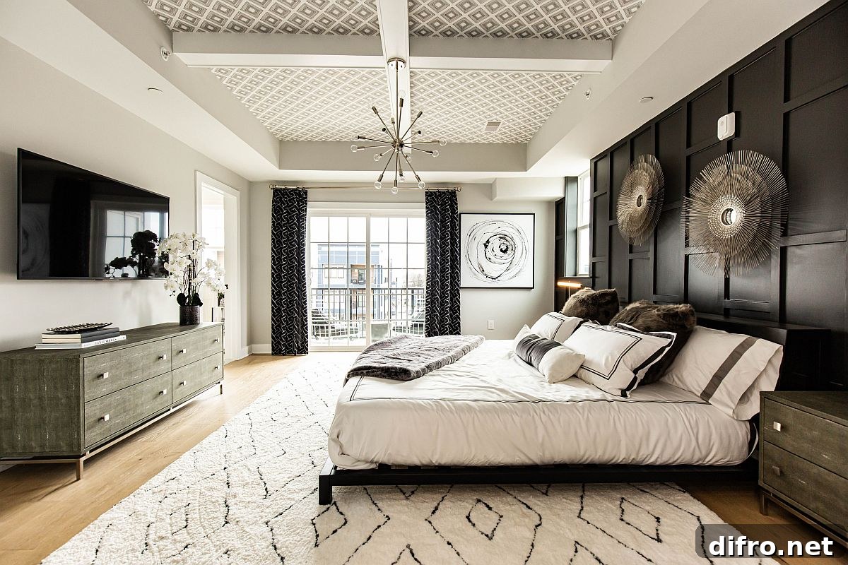 Exquisite master bedroom in neutrals with a television