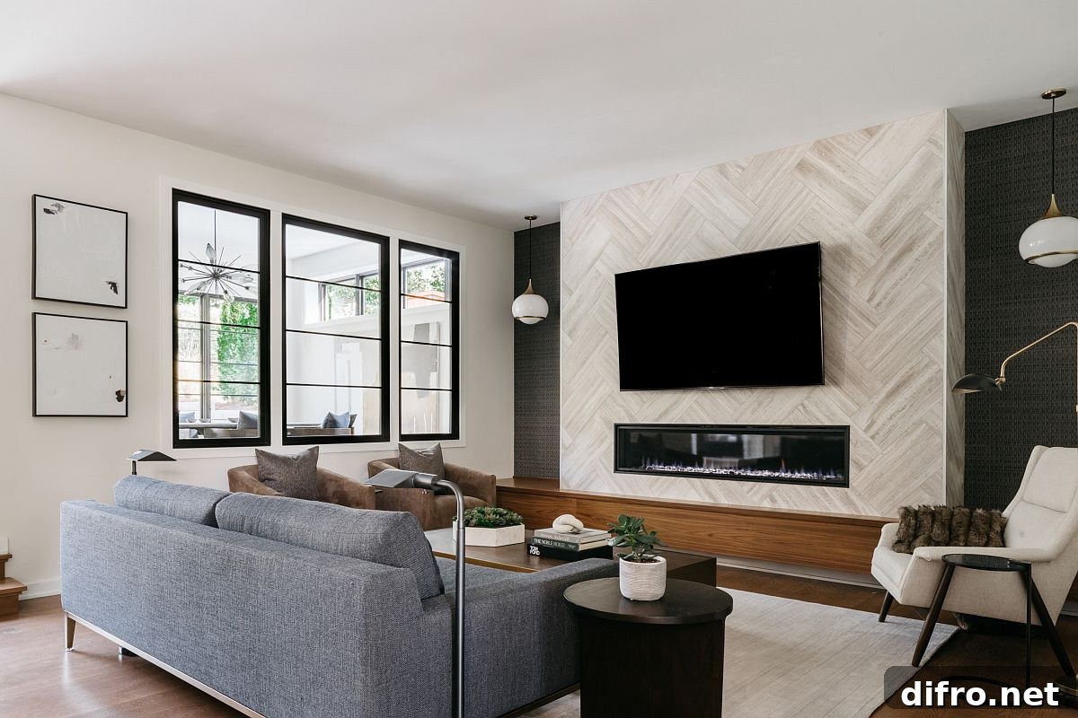 Contemporary family room where the television is placed above the fireplace