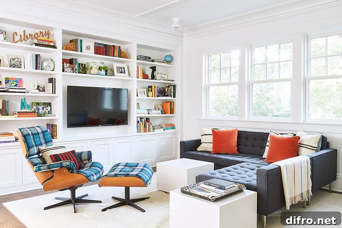 TV at the center of the open white bookshelf becomes an instant focal point