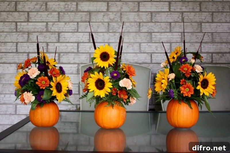 three fall flower arrangements using pumpkins as base