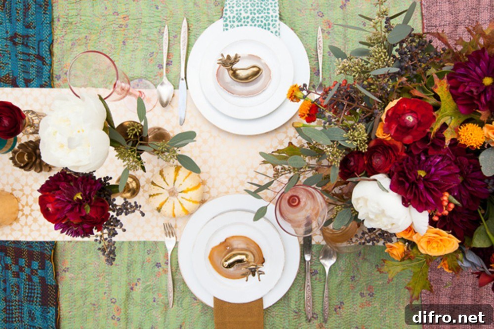 a thanksgiving table decorated with bright patterns