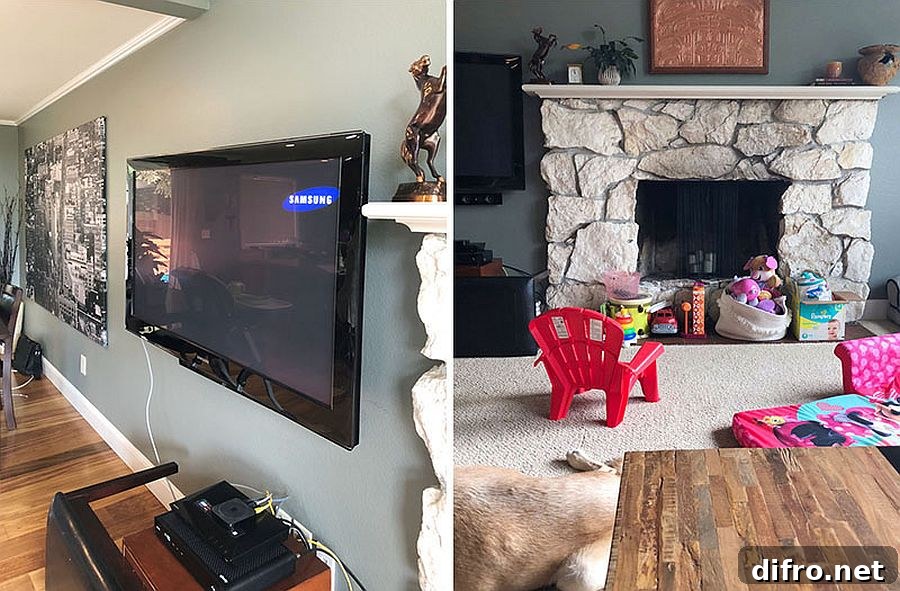 Closer look at the TV and fireplace before renovation